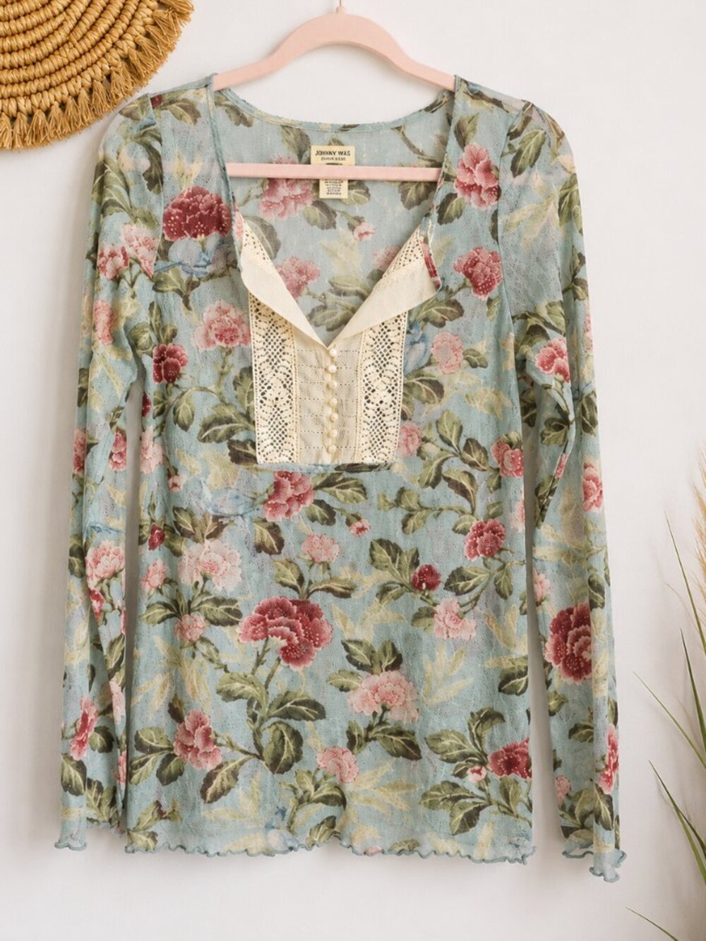 Denim & Supply Ralph Lauren Floral Crochet Lace Henley Top SZ Large Cottagecore